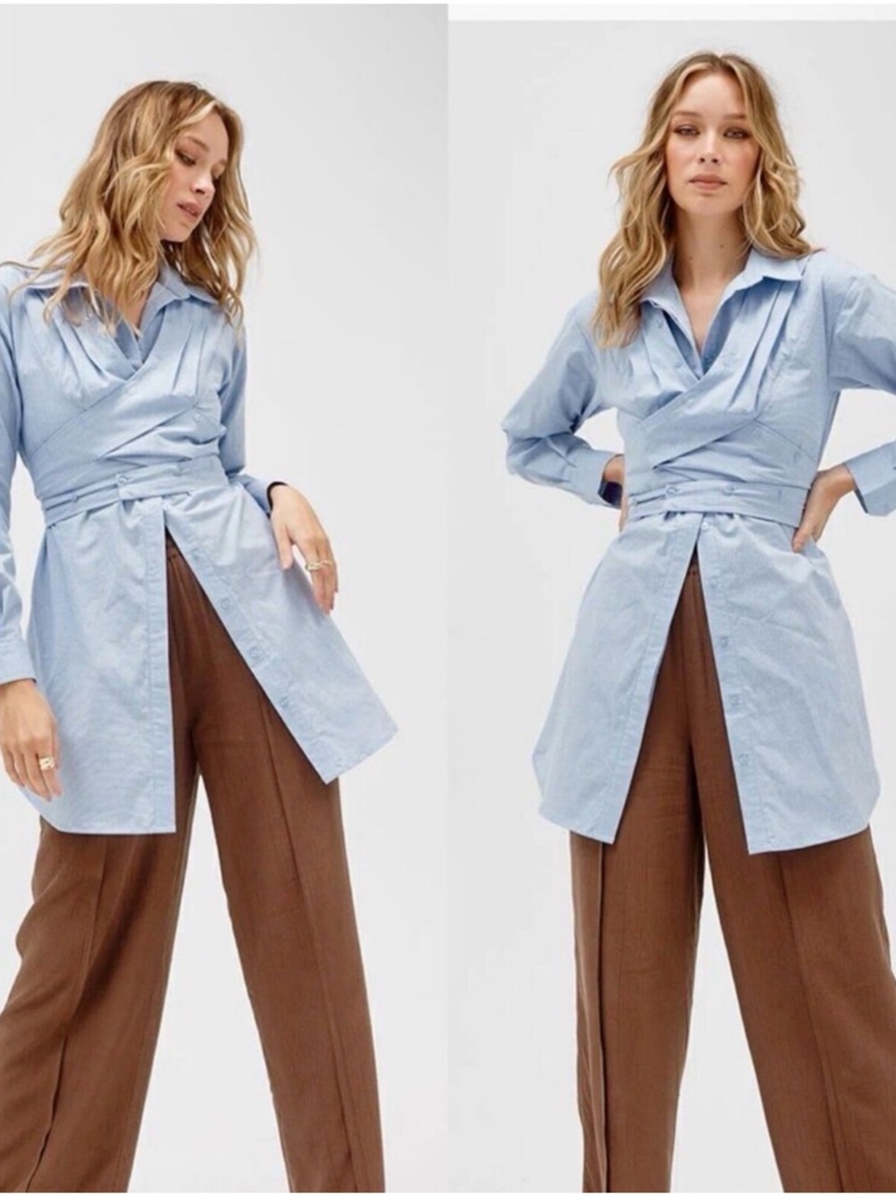 Sovere Revolve Dixie Wrap Shirt Dress Blue Cotton Poplin Mini Sz L12 Long Sleeve - Picture 3 of 8